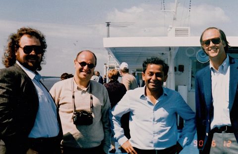 John Bridges, Renzo Ricca, Fazle Hussain and Robert Metcalfe on the ``Majakovskij`` ship, near Perm (USSR). June, 1991.