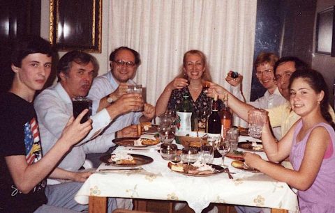 Alexander Chernikov and son (left), Renzo Ricca and Chernikov's wife Galina (center), Andrew Gilbert, Alexander Natenzon and daughter (Santa Barbara, USA). October 1991.