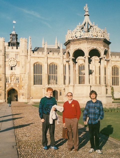 Jochen Rau, Renzo Ricca and João Magueijo in Great Court (Trinity College, cambridge, UK). May 1990.