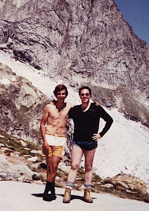 Rémy Follien and Renzo at the base of the Aiguille Noire de Peuterey (Mont Blanc). August 1983.