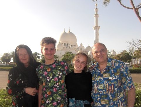 Renzo and family in front of the main entrance to the Sheikh Zayed Grand Mosque (Abu Dhabi). April 2019.